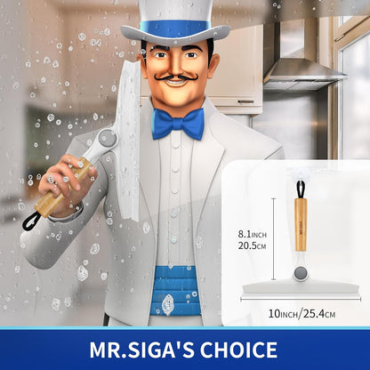 MR.SIGA Silicone Squeegee for Shower Door, Mirror, Glass, 10 inch, White | Streak free shower squeegee for windows, showers and glass surfaces, pivoting bamboo handle, includes 1 suction hook