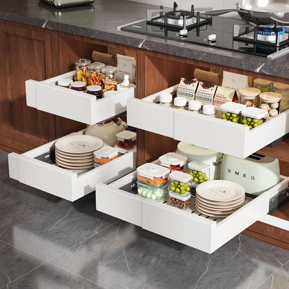 Seinloes Pull Out Cabinet Organizer,4-Side Expandable to Maximize Cabinet Space,Slide Out Drawers with 3 Rail Design,Roll Out Shelf with Raising Pad for Framed Cabinet,13"-21"W x 17"-24"D,White,2 Pack