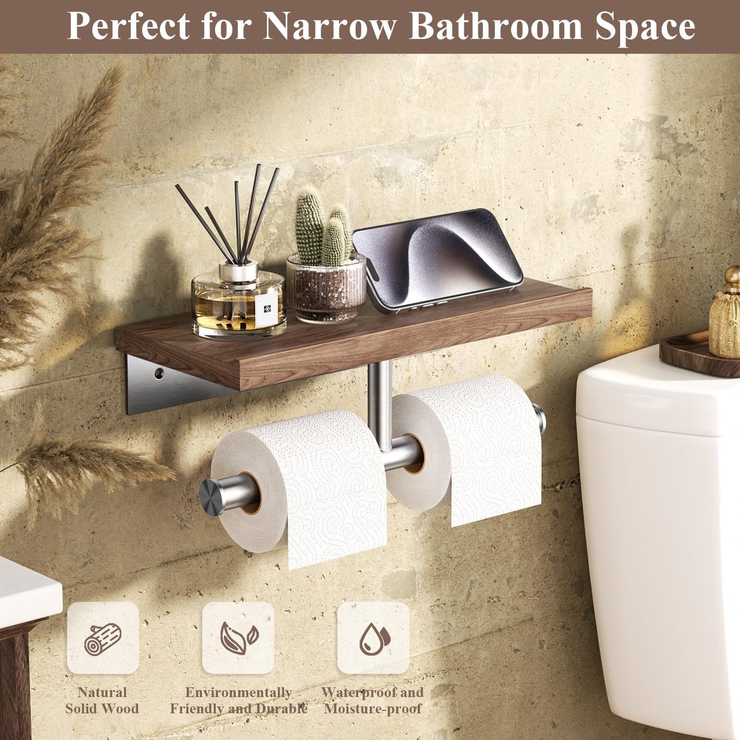 Tindbea Toilet Paper Holder with Wood Shelf, Wooden Wall Mount Tissue Paper Roll Holder, Matte Black Stainless Steel Bathroom Accessories Decor Household Home Apartment Restroom Essentials (Walnut)