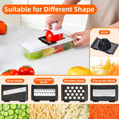 Mandoline Vegetable Slicer with Container, 4 Blades and Juicer | 4 Interchangeable Blades,Large Clear Catch Container,Safety Food Holder,Citrus Juicer Attachment,BPA and PFAS Free Material