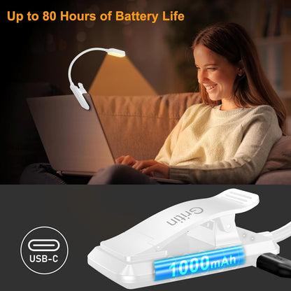 Gritin 16 LED Rechargeable Book Light for Reading in Bed | Eye Caring 3 Color Temperatures,Stepless Dimming Brightness,80 Hrs Runtime,Lightweight Flexible Clip on Light for Book Lovers