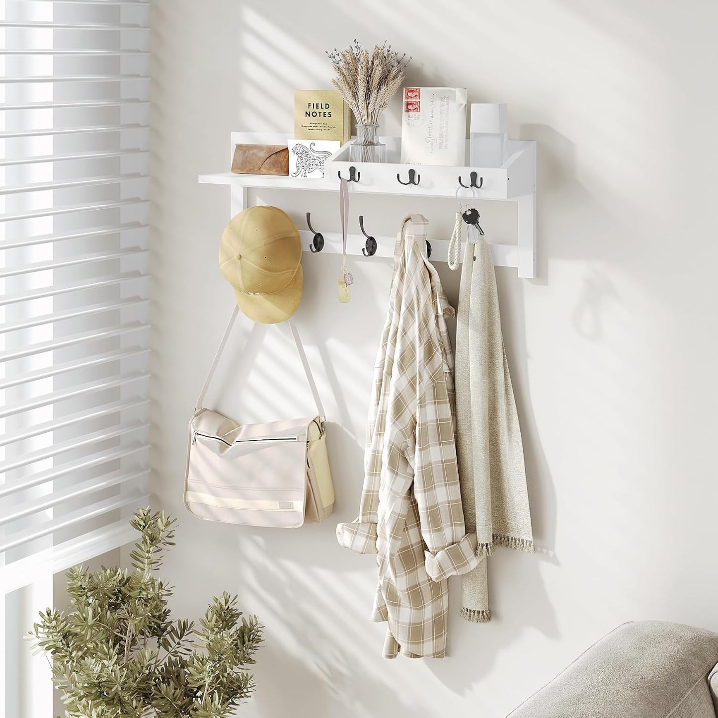 AMBIRD Wall Hooks with Shelf, 26.57 Inch Entryway Wood Coat Hooks for Wall with Shelf, Coat Rack Wall Mount with 5 Dual Hooks 3 Key Hooks Mail Organizer and Key Rack Holder (Brown)
