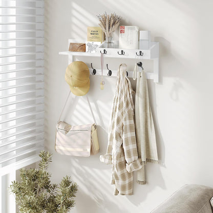 AMBIRD Wall Hooks with Shelf, 26.57 Inch Entryway Wood Coat Hooks for Wall with Shelf, Coat Rack Wall Mount with 5 Dual Hooks 3 Key Hooks Mail Organizer and Key Rack Holder (Brown)