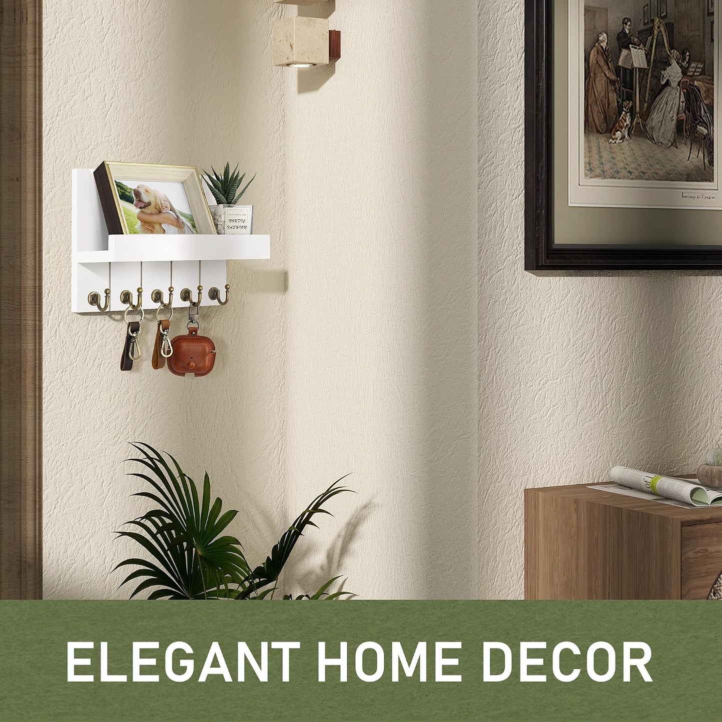 Rebee Vision Key Holder Wall Mount with 5 Key Hooks for Home Decor, Brown | 3.54'' x 10'' x 7.28'', Small Shelf for Display Plant, Key Hangers for Hat, Entryway Space-Saving Storage