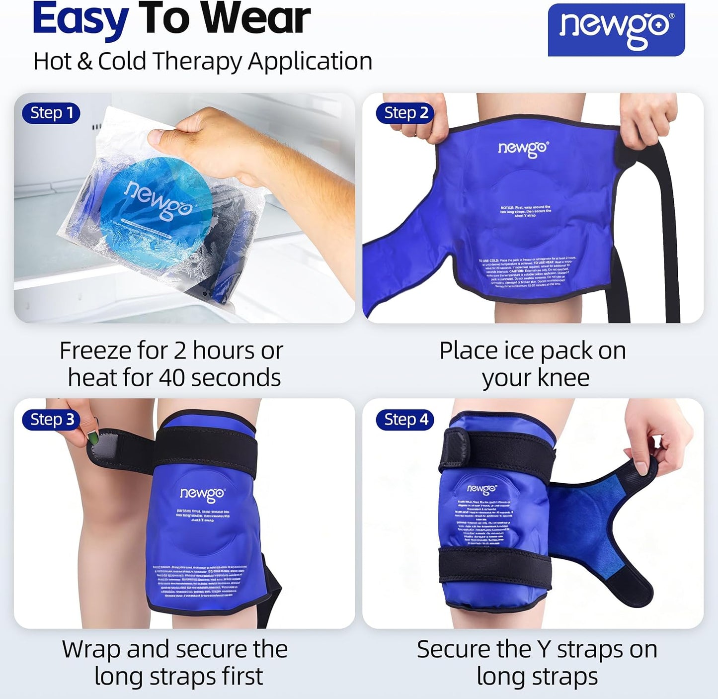 NEWGO Knee Ice Pack Wrap, 360° Full Wrap, Blue | Y-shaped Strap Stays Put, Reusable for Knee Replacement, ACL, Arthritis, Swelling, and Sports Injuries, 21.7" x 9.8"