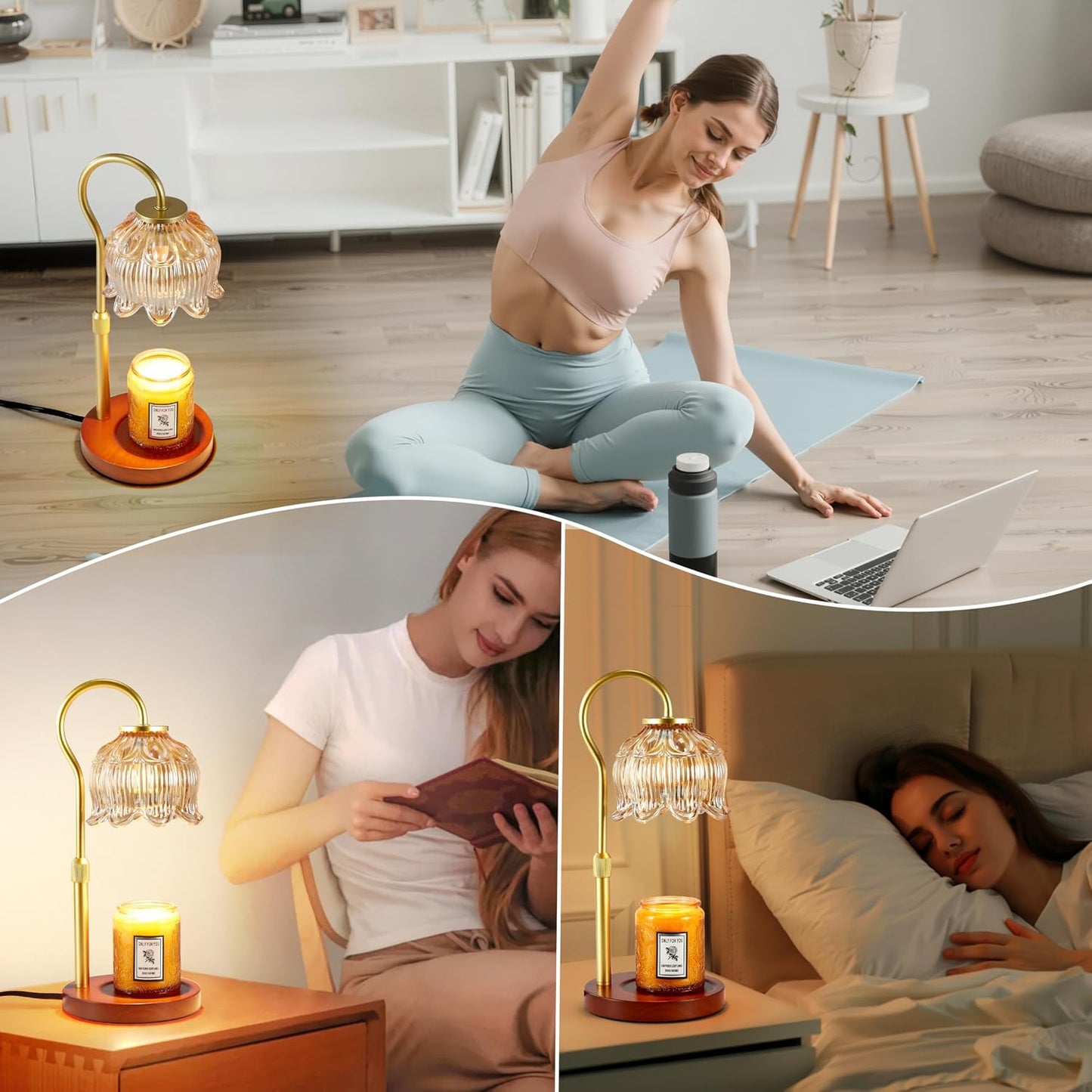Dreamholder Electric Candle Warmer Lamp with Timer & Dimmer, Adjustable Height Wax Melt Warmer for Jar Candles, Wood Base Candle Melter, Floral Home Decor Gifts for Women, Mom, Natural Wood