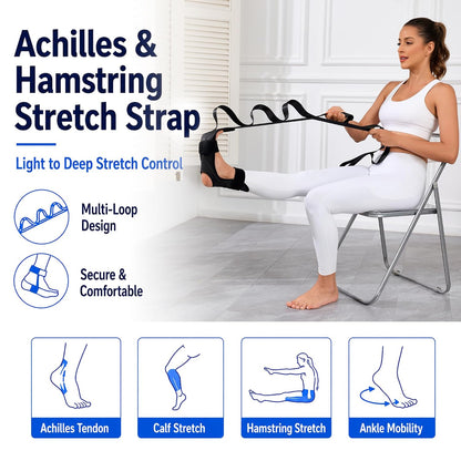 Foot and Calf Stretcher Strap for Plantar Fasciitis, Achilles and Hamstring | Secure padded foot sleeve with multi-loop strap stretches arches, toes, ankles and calves for PT, yoga, runners and heel pain