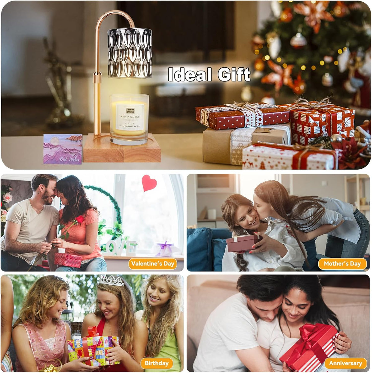 Candle Warmer Lamp with 3 Bulbs, Adjustable Height Dimmable Candle Warmer with Timer, Candle Lamp with Charming Gift Box Ribbon,Birthday Gifts for Women Mom, House Warming Gifts New Home Decor