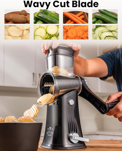 Zulay Kitchen Rotary Cheese Grater 5 Blade Cheese Shredder - Manual Hand Crank Cheese Grater With Reinforced Suction & 5 Interchangeable Drums - Easy to Use, Vegetable Chopper Round Mandoline Slicer - Colors A