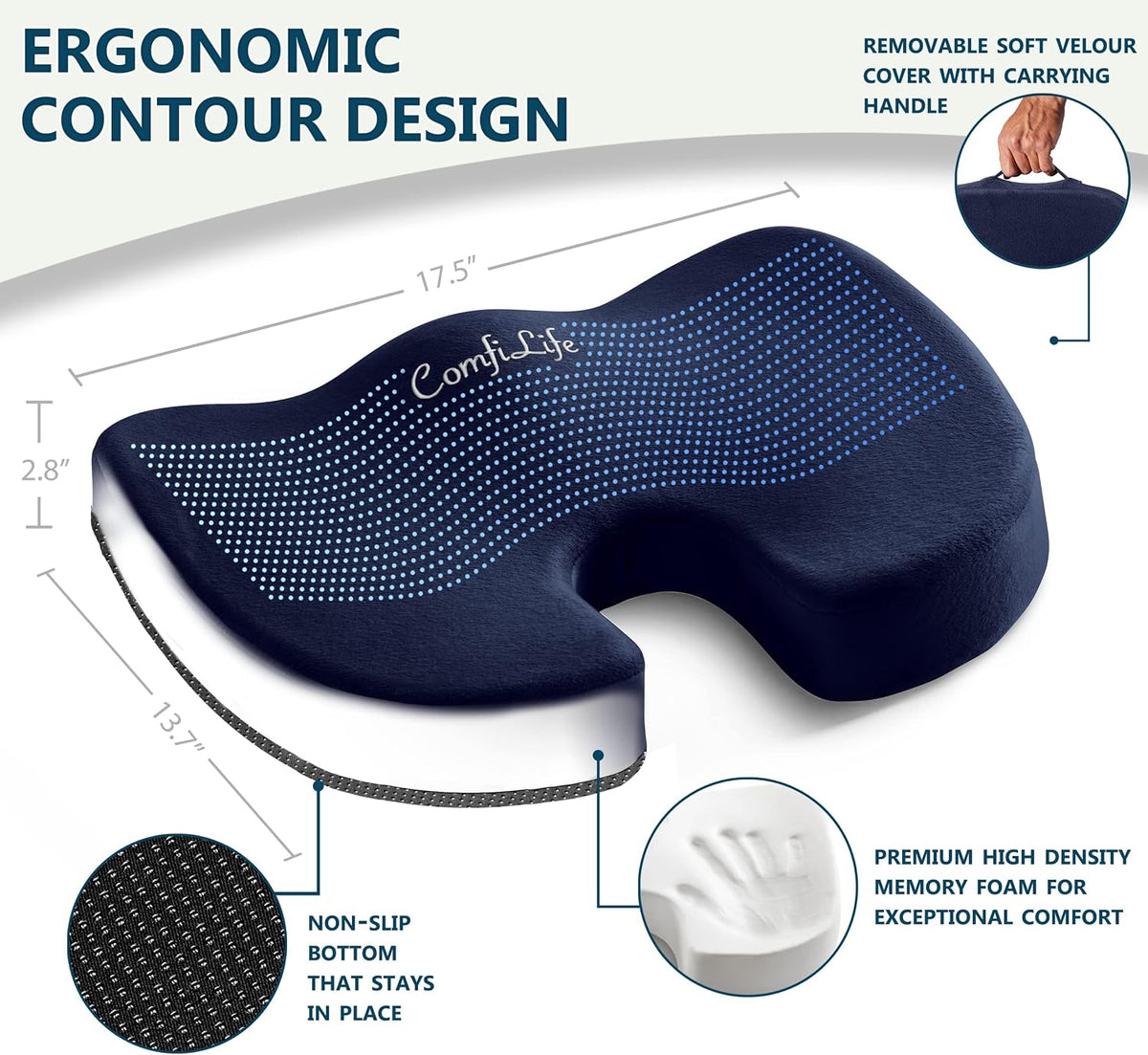 ComfiLife Premium Comfort Seat Cushion - Non-Slip Orthopedic 100% Memory Foam Coccyx Cushion for Tailbone Pain - Cushion for Office Chair Car Seat - Back Pain & Sciatica Relief (Gray)