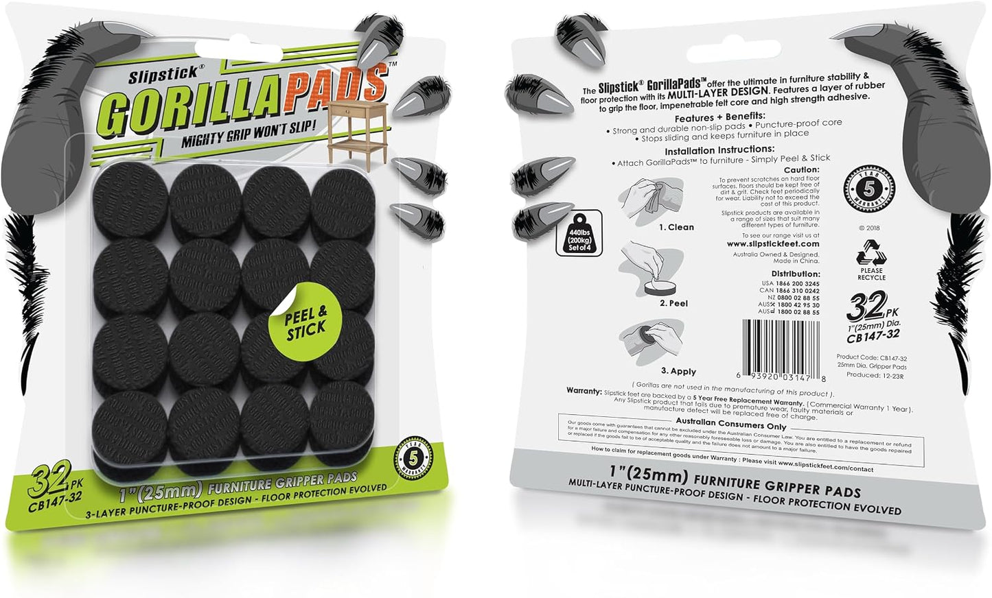 Slipstick GorillaPads CB147 Non Slip Furniture Pads/Gripper Feet (Set of 16) Self Adhesive Rubber Floor Protectors, 1 inch Round, Black