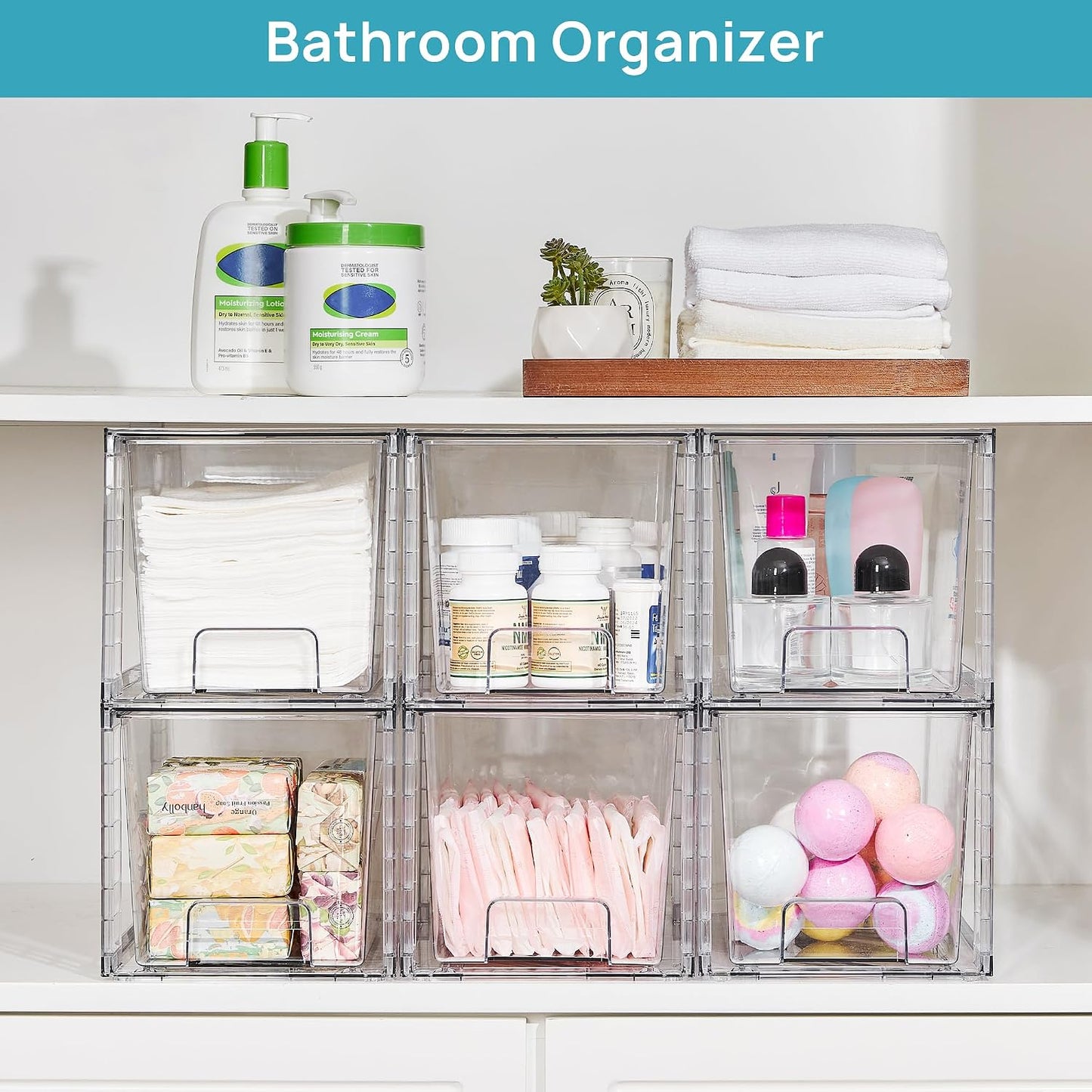 Vtopmart 4 Pack Large Stackable Storage Drawers, Clear | Easily Assemble Bathroom Closet Undersink Organizers and Storage Kitchen Cabinets,Pantry,Makeup,Medicine Organization