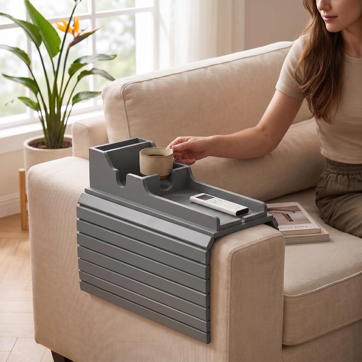 Acacia Couch Armrest Table, Over the Couch Arm Tray with Removable Couch Cup Holder, 2 in 1 Design Foldable Armchair Couch Caddy and Sofa Drink Cup Holder for Home Essentials Decor Hack