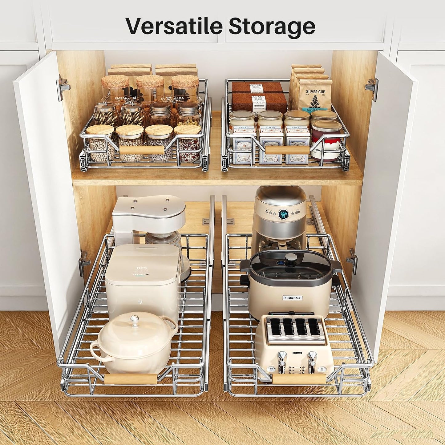 Pull out Cabinet Organizer, 15"W X 21"D, Heavy Duty Smooth Sliding Under Cabinet Shelves for Pots and Pans, Full-Extension Roll out Drawers, Slide out Organization for Home Kitchen Pantry