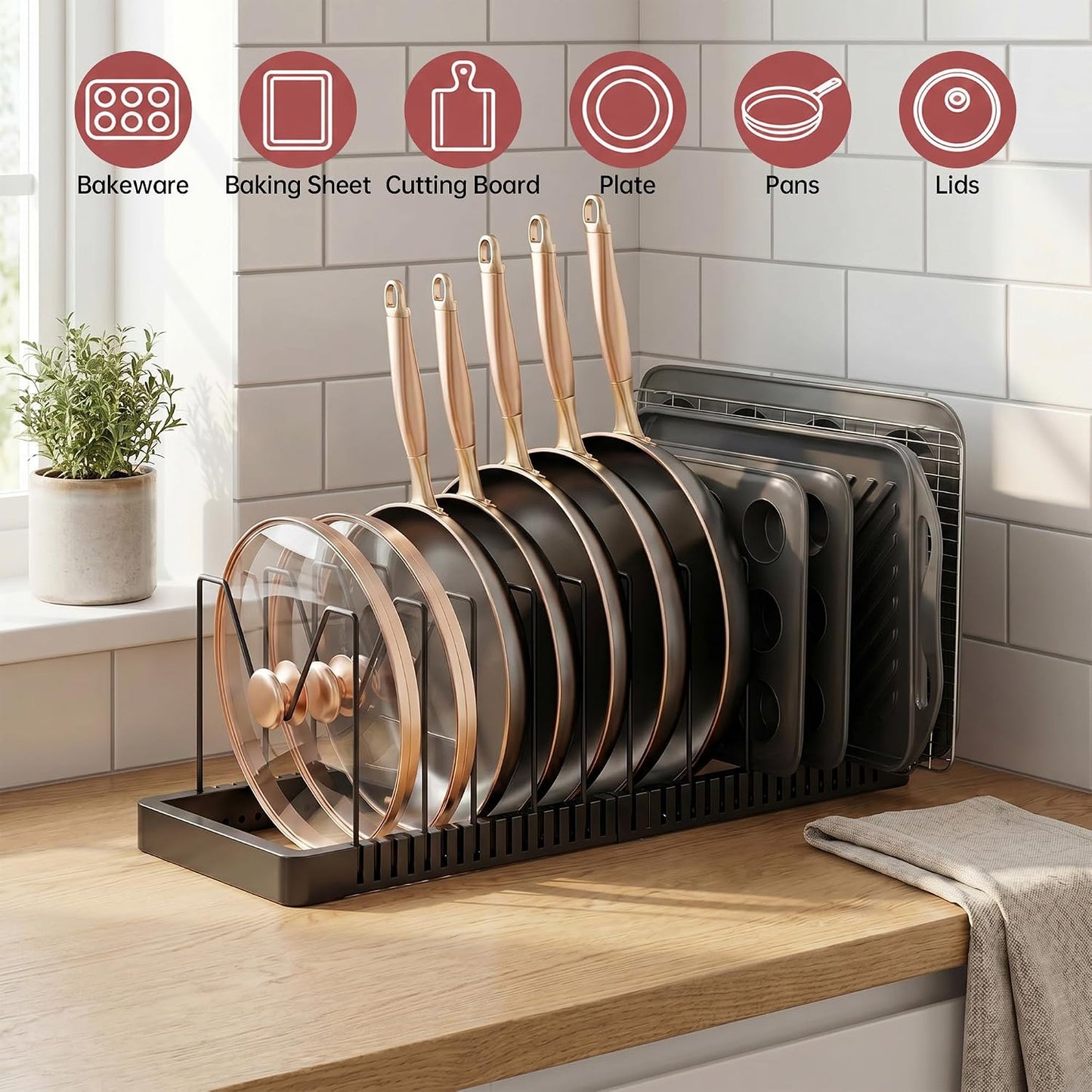 Expandable Pot and Pan Organizer with 10 Adjustable Dividers | Solid Metal Under‑Cabinet Pot Lid Organizer 14.1''‑24.8'', Lid Organizers Inside Cabinet, Fits Bakeware & Cookie Sheets