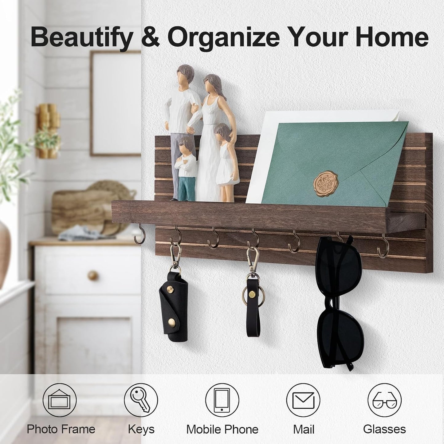 Lwenki Decorative Key Holder for Wall with Shelf, Entryway Shelf with Hooks Holds Leashes, Jackets and Glasses – Sturdy Wood Keyholder Entrance Hanger with Mounting Hardware (Black, Medium)