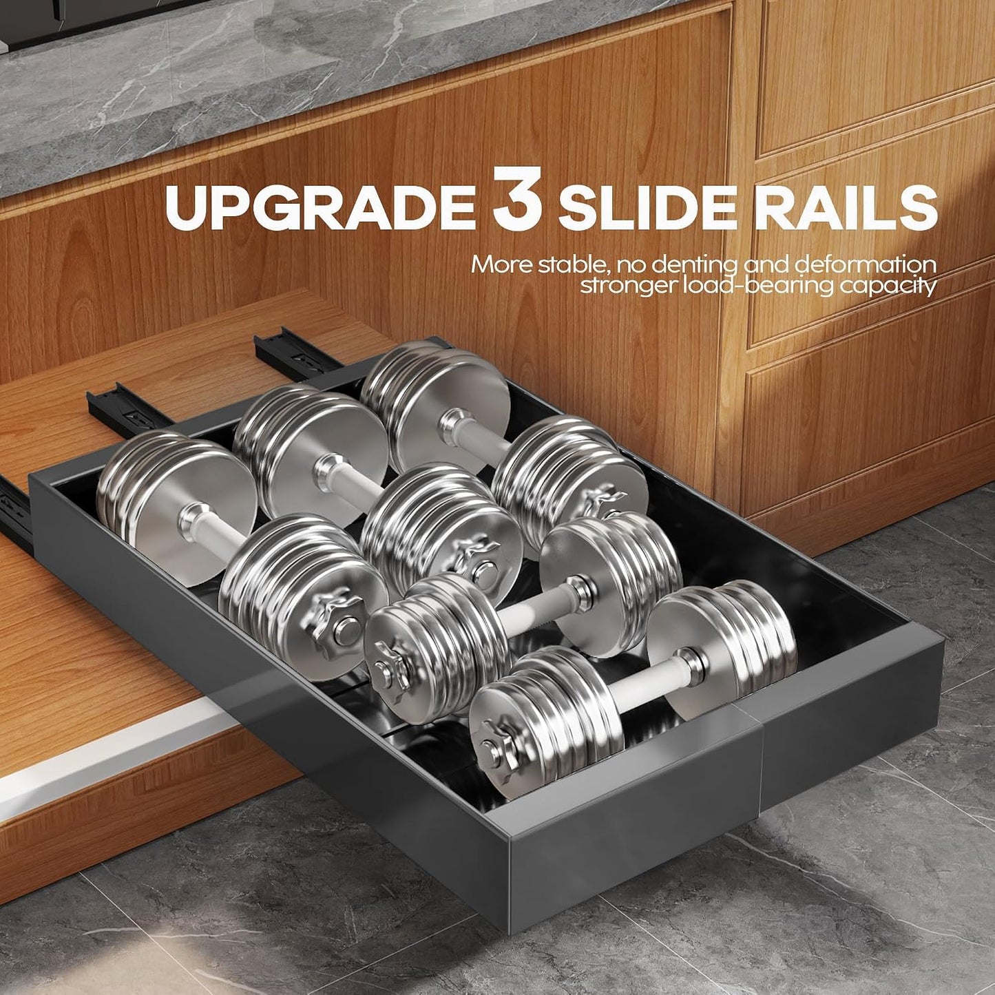 Seinloes 2Pack Expandable Pull Out Cabinet Organizer 21"Deep With Raising Pad for Framed Cabinets, Upgrade 3 Slide Rails Slide Out Drawers, Roll Out Shelves Adhesive,Adjustable Width 12.05"-20.4"White