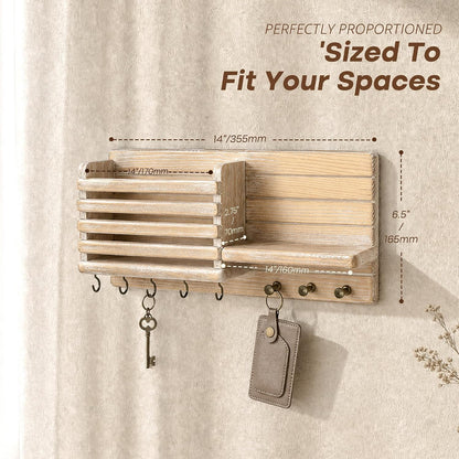 Rebee Vision Key Holder Wall Mount with Mail Slot for Entryway, Retro Brown | Pine Wood, Key Holder for Wall, 8 Hooks for Dog Leashes, Floating Shelf, Mail Sorter, New Home Essentials, Entryway Storage