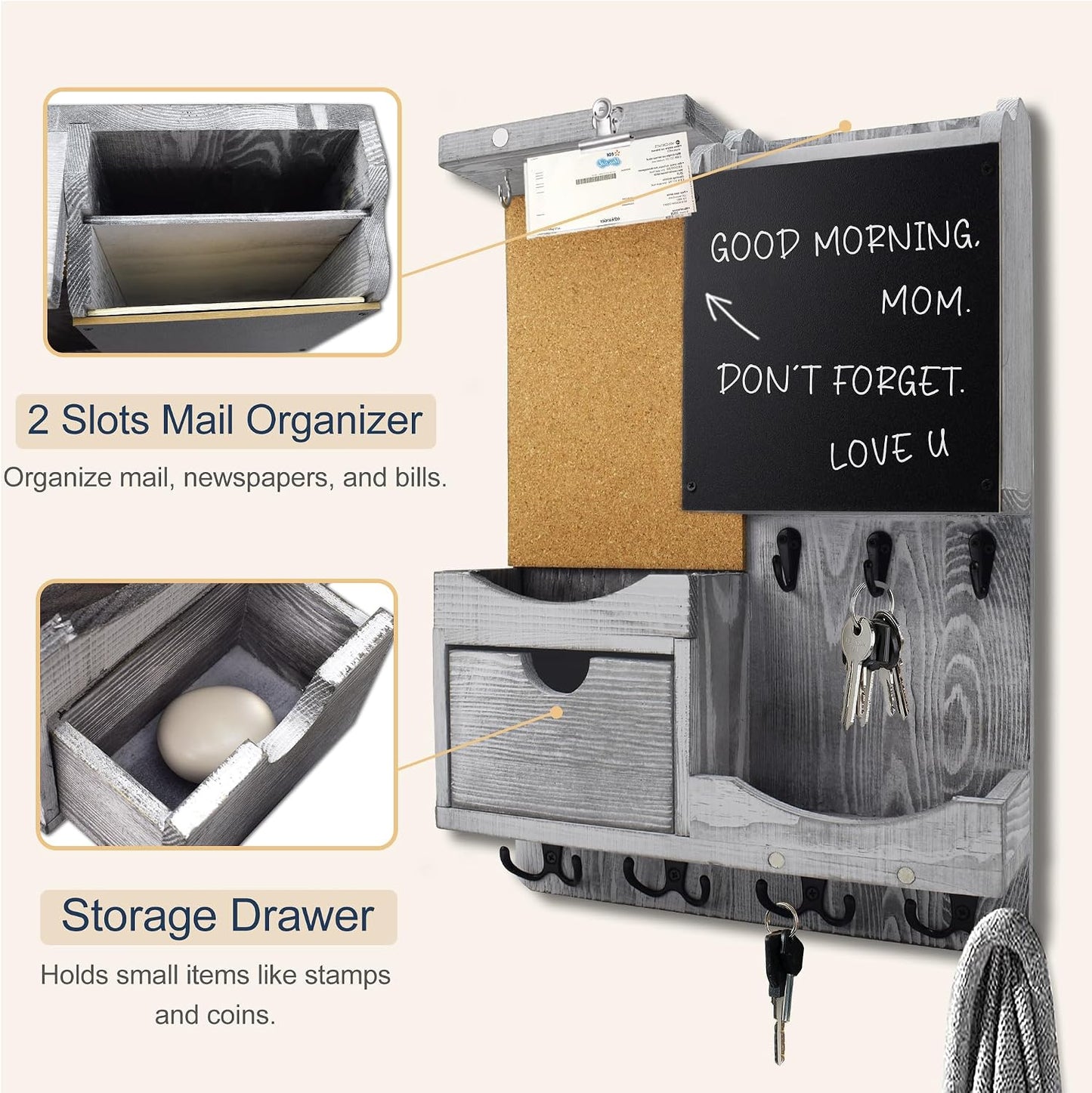Key Holder for Wall Mount with Shelf and Mail Organizer, Key and Mail Holder with 16 Hooks, Farmhouse Entryway Organizer, Home Decor Rack (Pine Wood, White Washed)