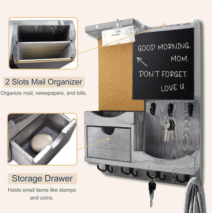 Key Holder for Wall Mount with Shelf and Mail Organizer, Key and Mail Holder with 16 Hooks, Farmhouse Entryway Organizer, Home Decor Rack (Pine Wood, White Washed)