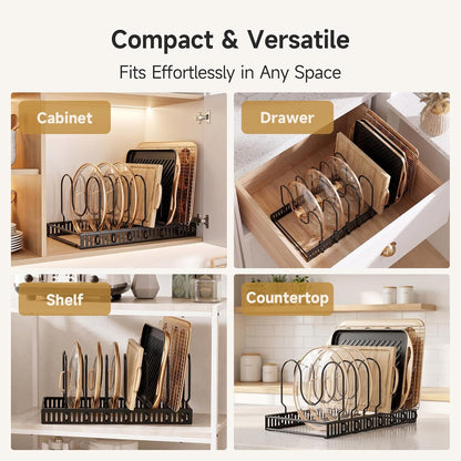 MUDEELA Pot Lid Organizer for Cabinet, Adjustable Baking Pan Rack 7 Slots | 7 Adjustable Divider, Tool-Free Assembly,Non-Slip, Scratch-Proof, Sturdy Metal Frame, For Pan Lid Cutting Board Bakeware