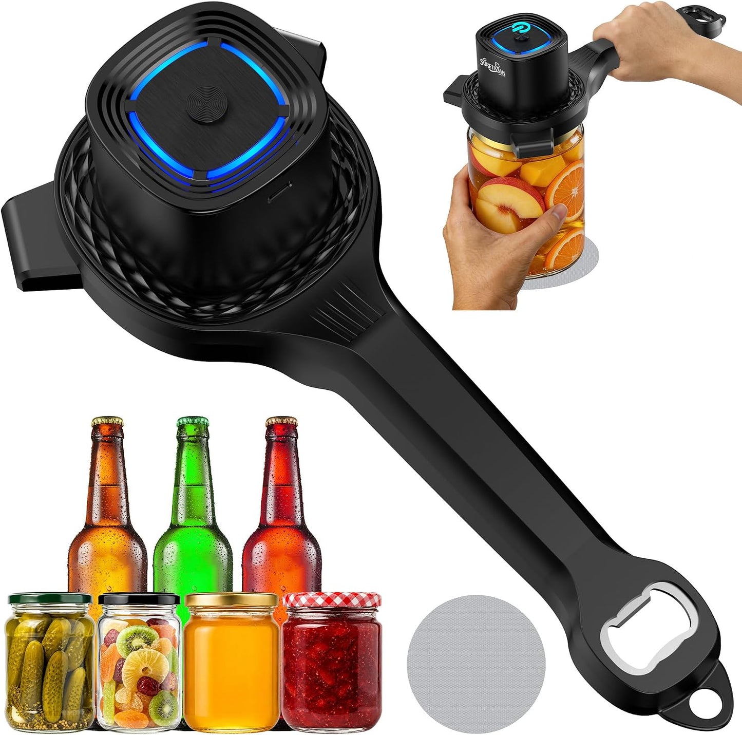 Electric Jar Opener for Seniors with Auto-Adjusting Gripper,Fit 1"-3.5" Cap | Rechargeable Jar & Bottle Openers for Weak Hands and Arthritis, Easy Twist Off Lid Opener with Rubber Gripper Pad，Red