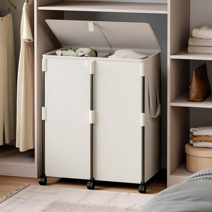 140L Double Laundry Hamper with Lid and 6 Wheels, Rolling Laundry Basket | Gasvadivum Metal Frame Laundry Sorter 2 Section with 2 Removable Bags, Large Clothes Cart for Bedroom, Bathroom, Black