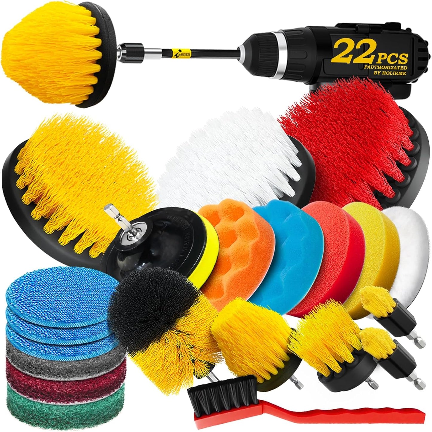 Holikme 22Pack Drill Brush Attachments Set,Scrub Pads & Sponge, Buffing Pads,Power Scrubber Brush,Car Polishing Pad Kit,Wax Applicator Pad,Car Cleaning Kit,Masonry Brushes,Cleaning Supplies | Buffing Sponges, Nylon Grout Tools, Microfiber Wax Pads, Tile