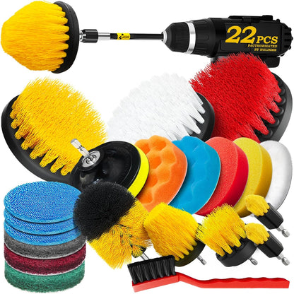 Holikme 22Pack Drill Brush Attachments Set,Scrub Pads & Sponge, Buffing Pads,Power Scrubber Brush,Car Polishing Pad Kit,Wax Applicator Pad,Car Cleaning Kit,Masonry Brushes,Cleaning Supplies | Buffing Sponges, Nylon Grout Tools, Microfiber Wax Pads, Tile