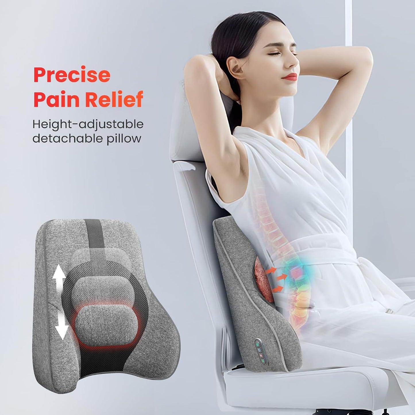COMFIER Lumbar Support Cushion with Kneading Massage, Heat & Vibration, Ergonomic Back Support Pillow for Office Chair, Seat & Sofa Adjustable Comfort, Gray