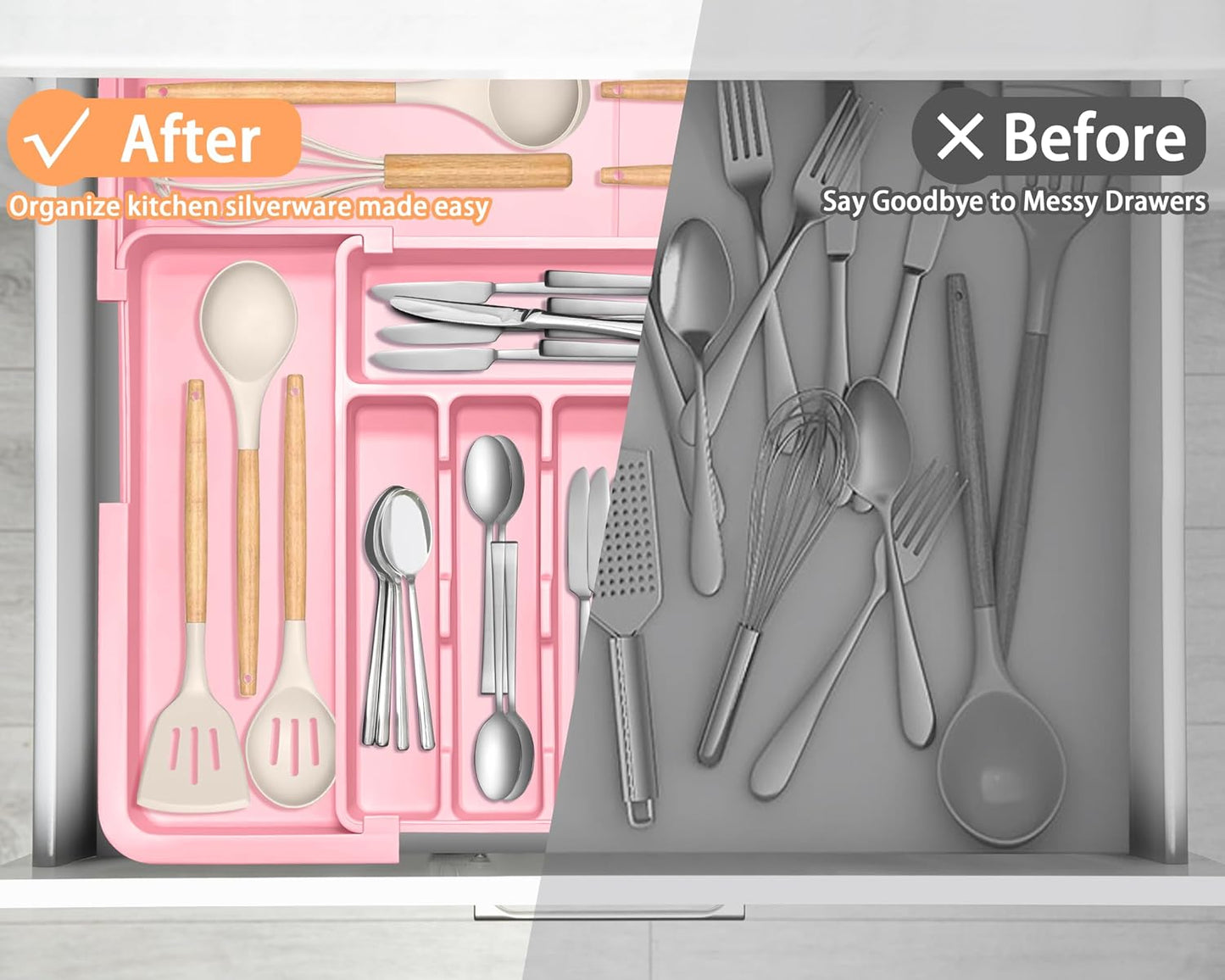 Large Silverware Drawer Organizer Expandable Kitchen Utensil Organizer BPA Free Flatware Cutlery Holder Tray Adjustable Plastic Drawer Divider Storage for Forks Knives 6-9 Slots White