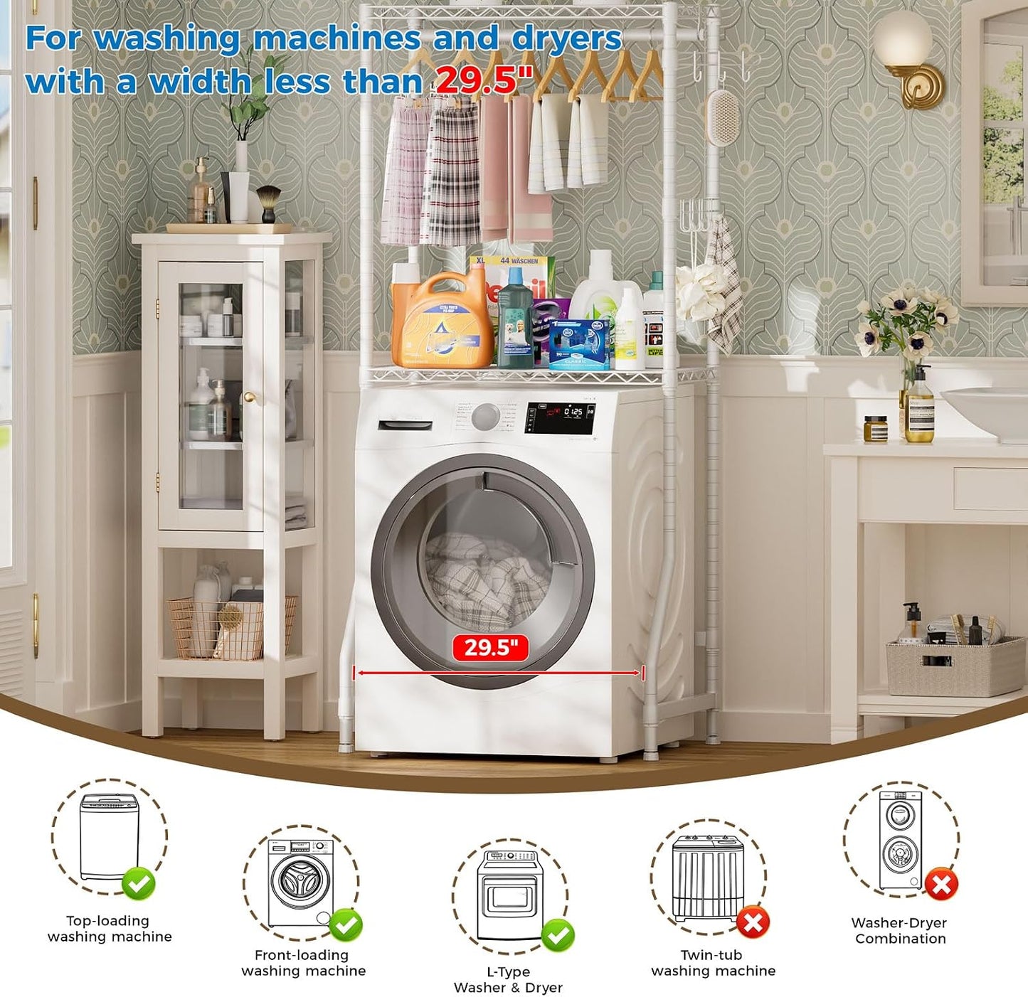 Golpart Laundry Organizer Shelves Over the Washer and Dryer Storage Shelf | Heavy Duty Laundry Room Organization Clothes Drying Rack Adjustable Height Wire Shelving and Wire Basket with Hanger Rod