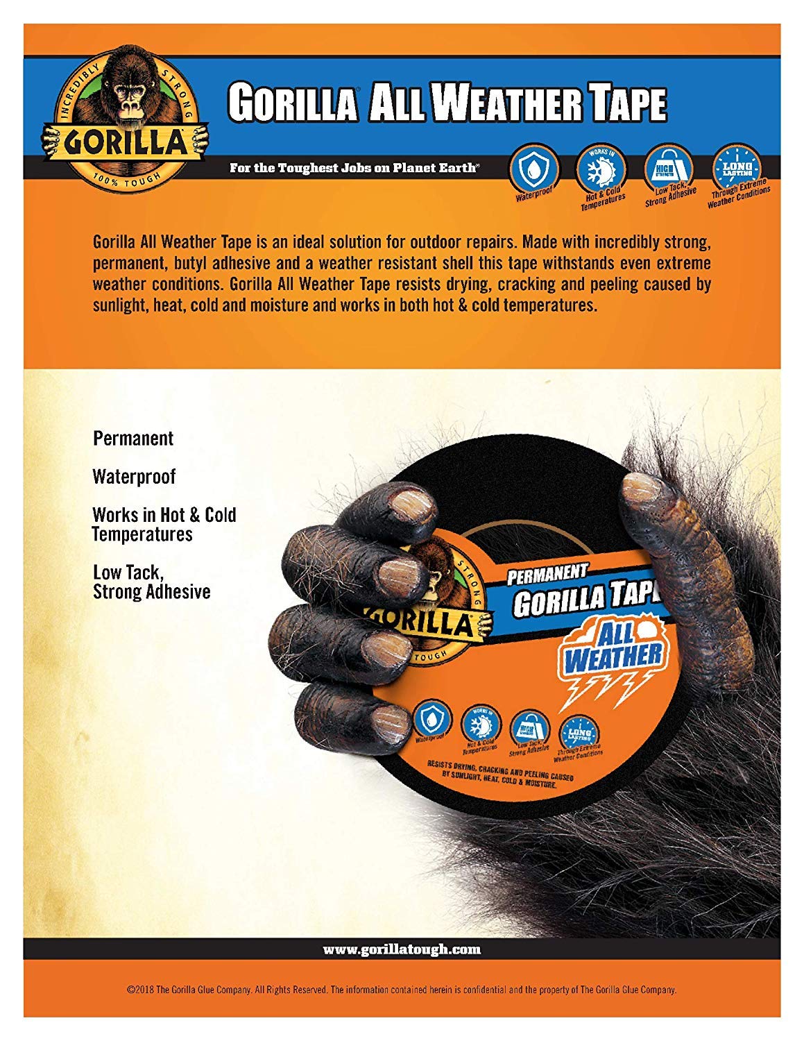 GORILLA All Weather Duct Tape, Black, 1.88" x 25 yd | UV and Temperature Resistant, Waterproof for Outdoor Repairs, Strong Adhesive Grip