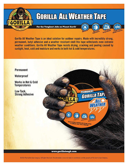 GORILLA All Weather Duct Tape, Black, 1.88" x 25 yd | UV and Temperature Resistant, Waterproof for Outdoor Repairs, Strong Adhesive Grip