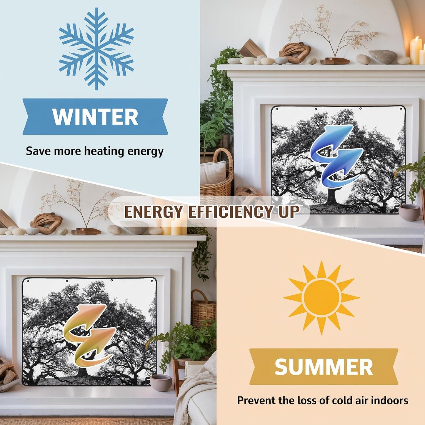 Magnetic Fireplace Cover Oak Tree Forest Fireplace Screen Decorative Black Deep Roots Branches Insulation Fireplace Blocker Blanket Save Energy Fireplace Draft Stopper Covers for Living Room 36x30