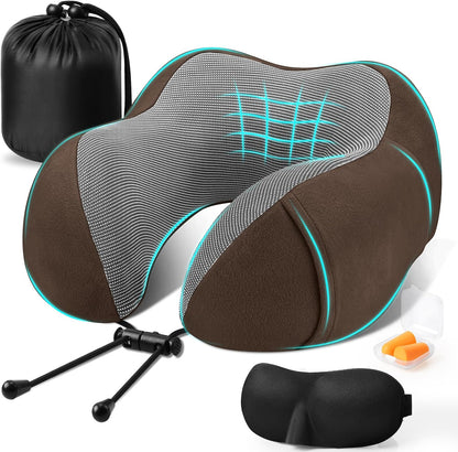 CloudBliss Neck Pillow for Airplanes, Memory Foam Travel Pillow, Black | Compact Flight Pillow with Eye Mask, Earplugs, Carry Bag, Travel Neck Pillow for Long Flight Sleep, Plane Travel Essentials