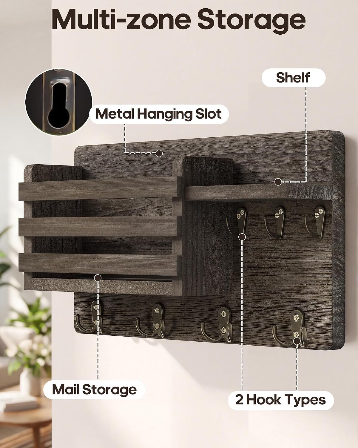 Key Holder Wall Mount with Mail Organizer, 16" L x 5" W x 9.1" H Oversized Keys Hanger Rack with Shelf and 7 Hooks, Wood Wall Organizer for Wallet, Dog Lesh (Brown)