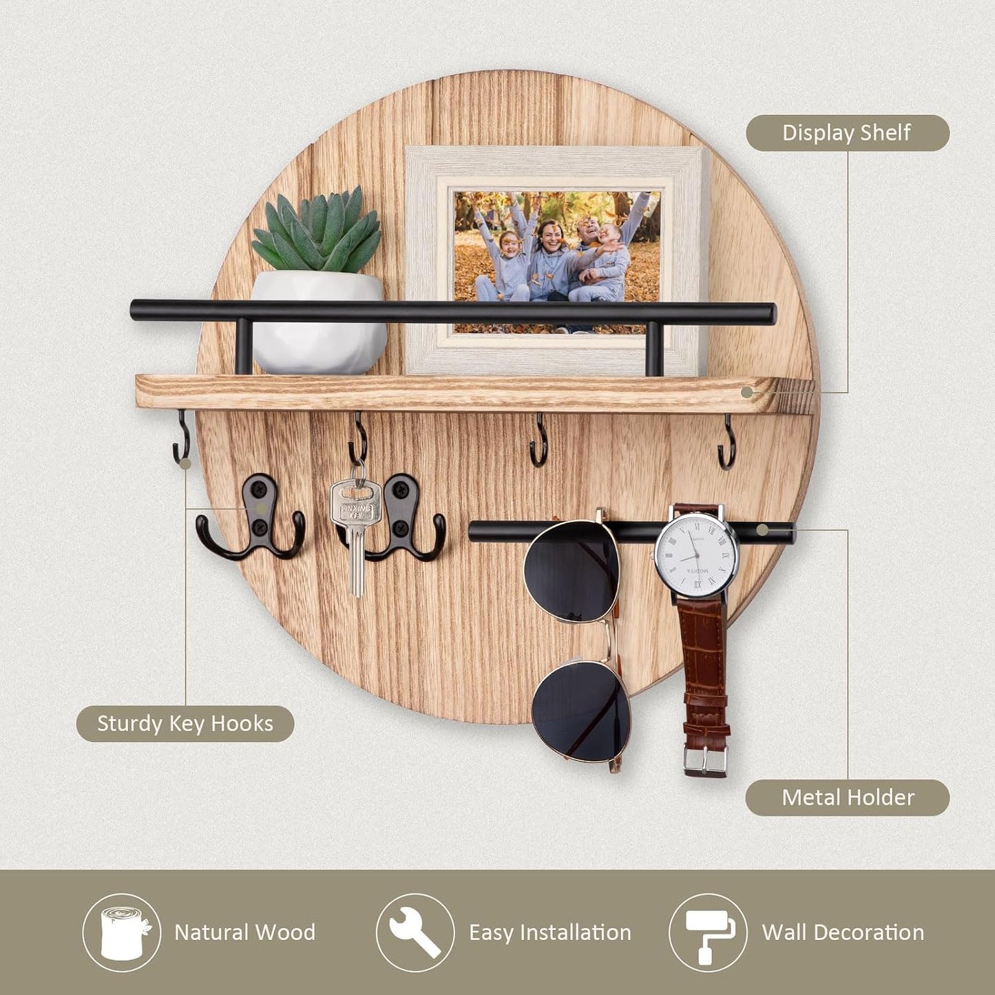 Nekon Key Holder Wall Mount, 11.8” Wood Mail Organizer for Wall, Brown | Round Wall Shelf with 6 Key Hooks, Rustic Key and Mail Holder, Key Hanger for Entryway Hallway Kitchen