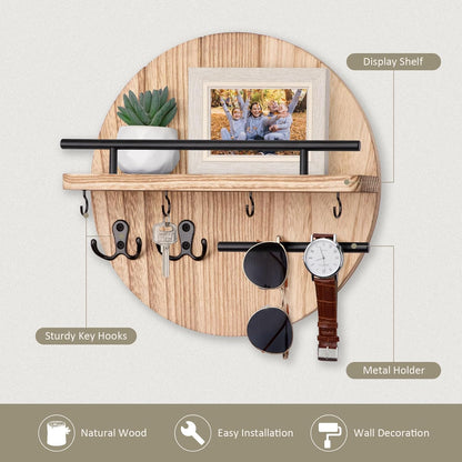 Nekon Key Holder Wall Mount, 11.8” Wood Mail Organizer for Wall, Brown | Round Wall Shelf with 6 Key Hooks, Rustic Key and Mail Holder, Key Hanger for Entryway Hallway Kitchen