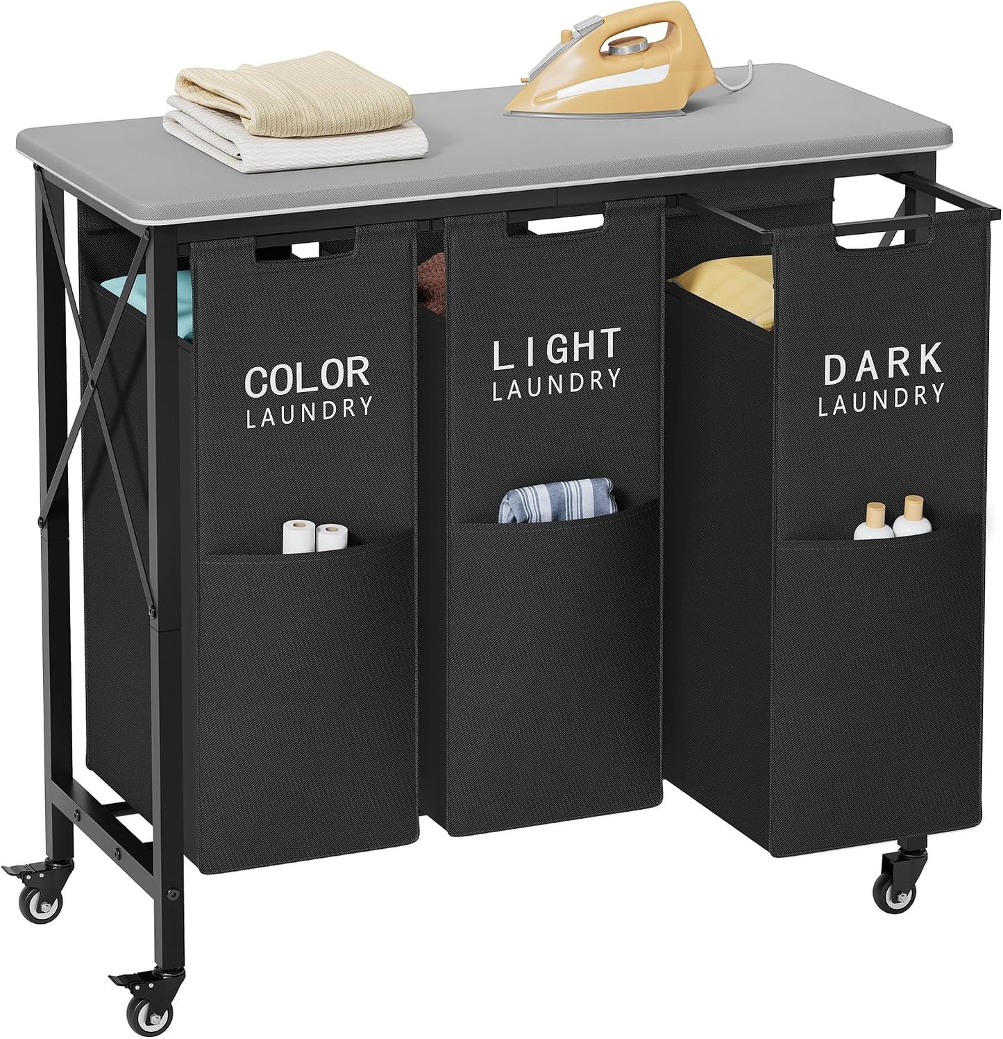 Gewudraw 3 Section Laundry Sorter with Ironing Board, Black | Laundry Sorter with Removable Bags, Heavy-Duty Rolling Laundry Cart, Lockable Wheels, For Bathroom, Bedroom