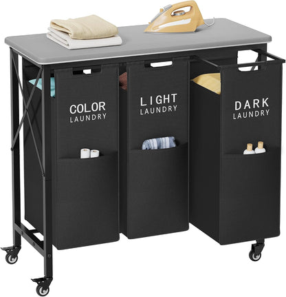 Gewudraw 3 Section Laundry Sorter with Ironing Board, Black | Laundry Sorter with Removable Bags, Heavy-Duty Rolling Laundry Cart, Lockable Wheels, For Bathroom, Bedroom