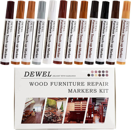 DEWEL Premium Furniture Touch Up Markers, 12 Colors Wood Scratch Repair Markers Kit, Perfect Wood Markers Pens for Scratches, Stains, Wood Floors, Tables, Bedposts