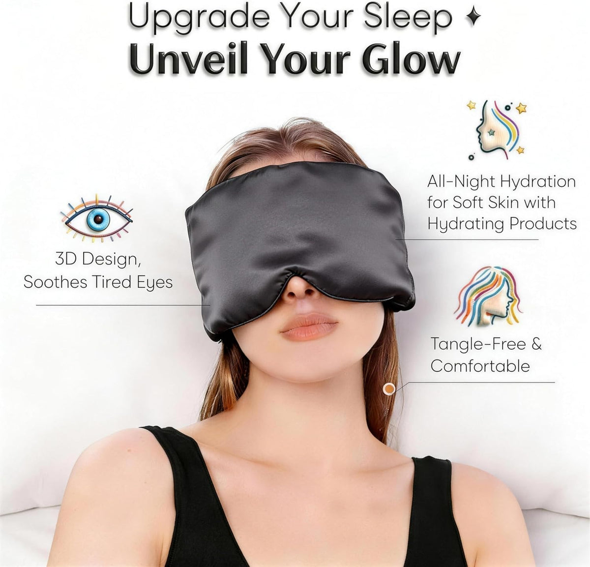 100% Mulberry Silk Sleep Mask for Women & Men – 22 Momme 6A Grade, 3D Contoured Total Blackout Eye Mask for Side Sleepers, Eyelash Extensions, Adjustable Strap, Breathable Blindfold (Black)