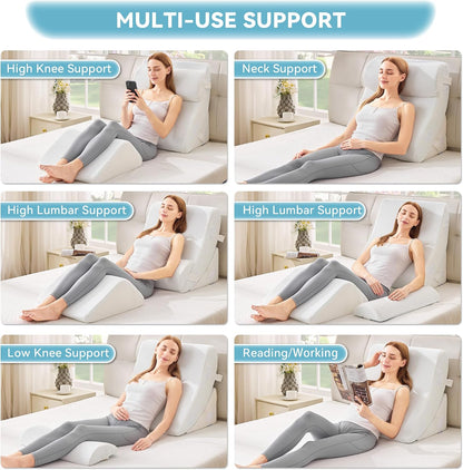 Kingfun 4PCS Orthopedic Bed Wedge Pillow Set for Sleeping, Post Surgery Memory Foam Support Pillows for Back, Neck and Leg Pain Relief, Adjustable Triangle Pillow - Acid Reflux, Anti Snoring & GERD