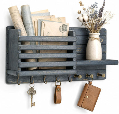 Rebee Vision Key Holder Wall Mount with Mail Slot for Entryway, Retro Brown | Pine Wood, Key Holder for Wall, 8 Hooks for Dog Leashes, Floating Shelf, Mail Sorter, New Home Essentials, Entryway Storage