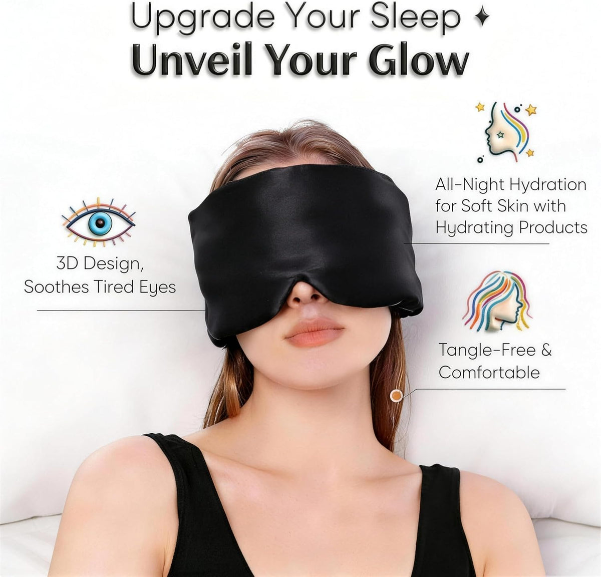 100% Mulberry Silk Sleep Mask for Women & Men – 22 Momme 6A Grade, 3D Contoured Total Blackout Eye Mask for Side Sleepers, Eyelash Extensions, Adjustable Strap, Breathable Blindfold (Black)