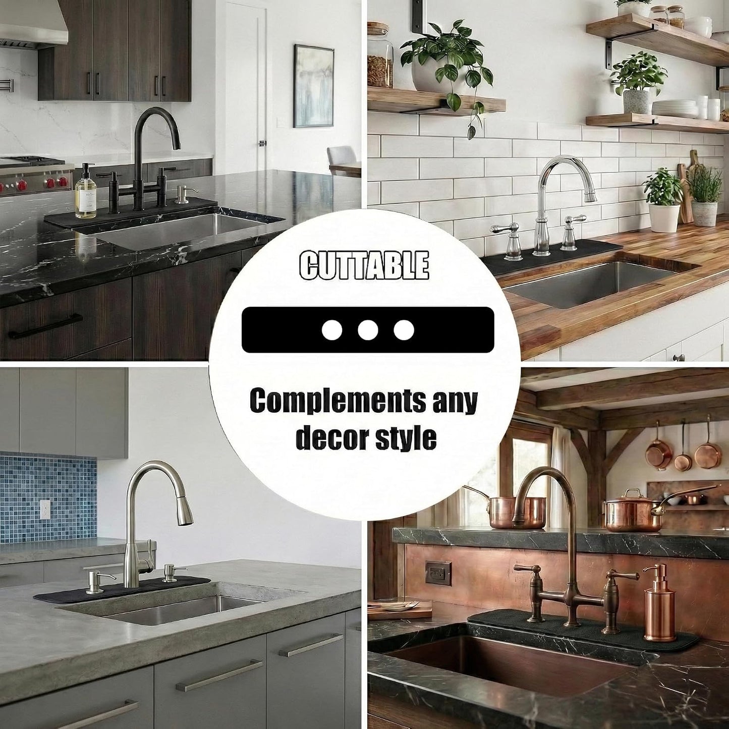 Absorbent Kitchen Sink Faucet Mat for 3-Hole 8" On-Center Faucets, 30"x5.5" | Fits Sink with Soap Dispenser, Air Gap & Side Sprayer - Cuttable Drip Catcher Splash Guard for Irregular & 3, 4 Hole Sinks