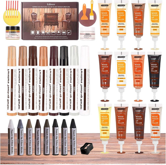 Wood Repair Kit, 42 Pcs Furniture Repair Kit - Wood Filler, Touch Up Marker, Wood Putty, Wood Crayon for Scratch, Cracks, Stains, Discoloration for Wooden Door, Floor, Table, Cabinet