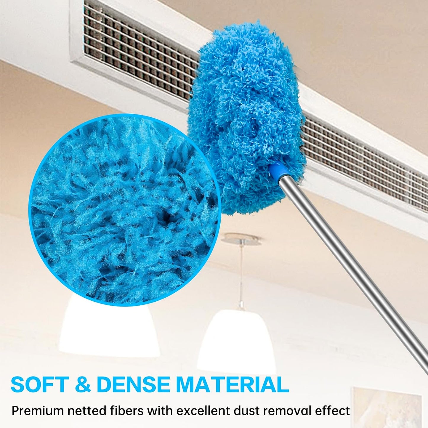 Ceiling Fan Cleaner Duster Reusable Microfiber Ceiling Fan Blade Cleaner Removable Duster with Extension Pole Adjusts 13 to 49.7 Inch for Cleaning Walls Bookshelves Furniture Door Window Top (Blue)