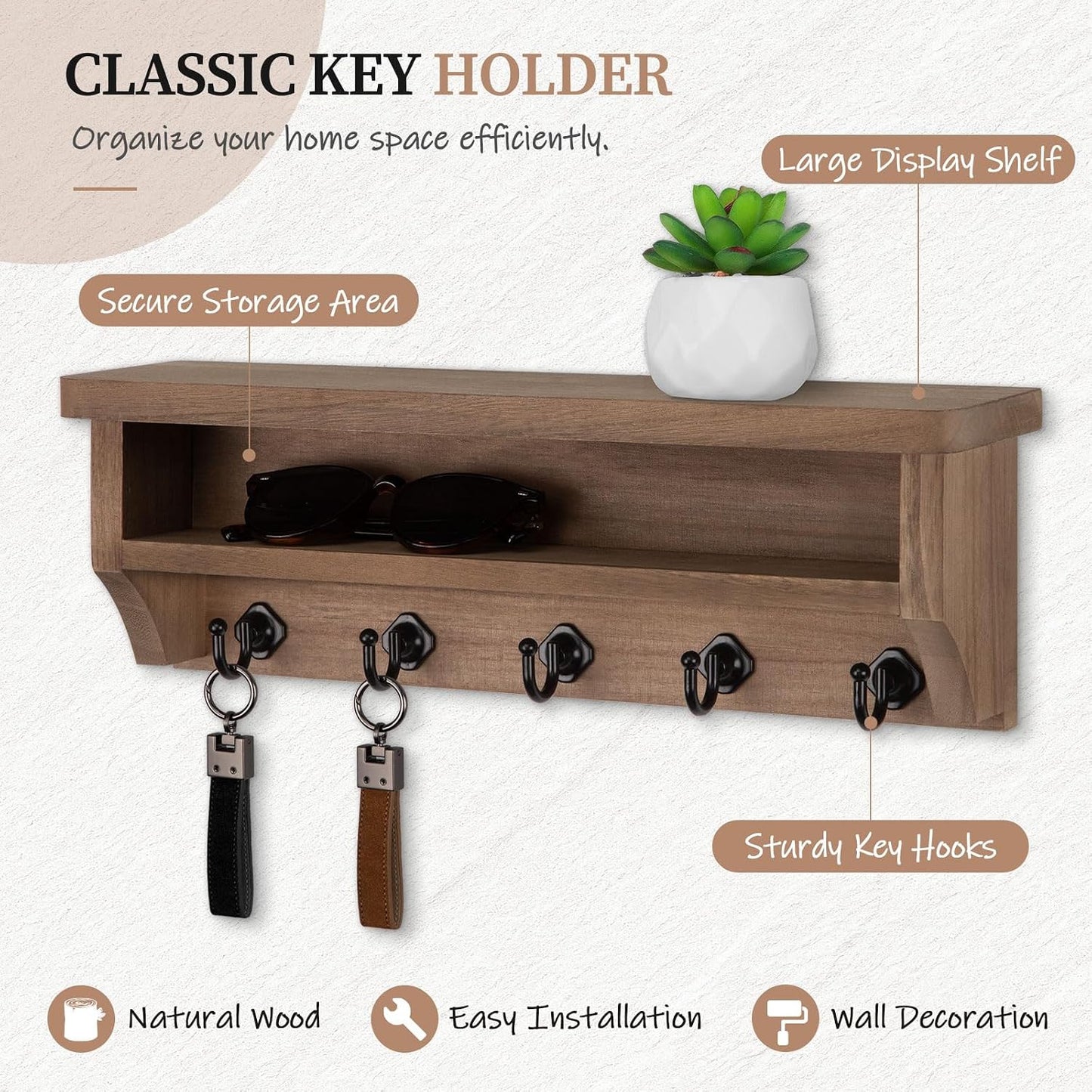 Nekon Key Holder Wall Mount, Wall Organizer Shelf with 5 Key Hooks | Wall Mounted Key Rack Room Decor for Home and Apartment Essentials